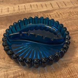 Vintage Art Glass AshTray Viking Blue Fluted Mid Century